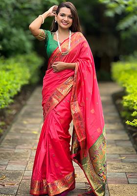 Rani Pink Zari Embroidered Paithani Silk Saree Set
