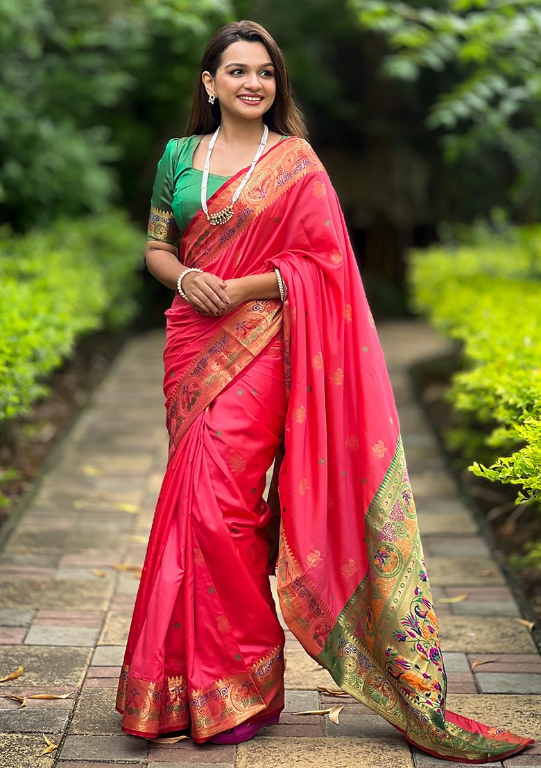 Rani Pink Zari Embroidered Paithani Silk Saree Set
