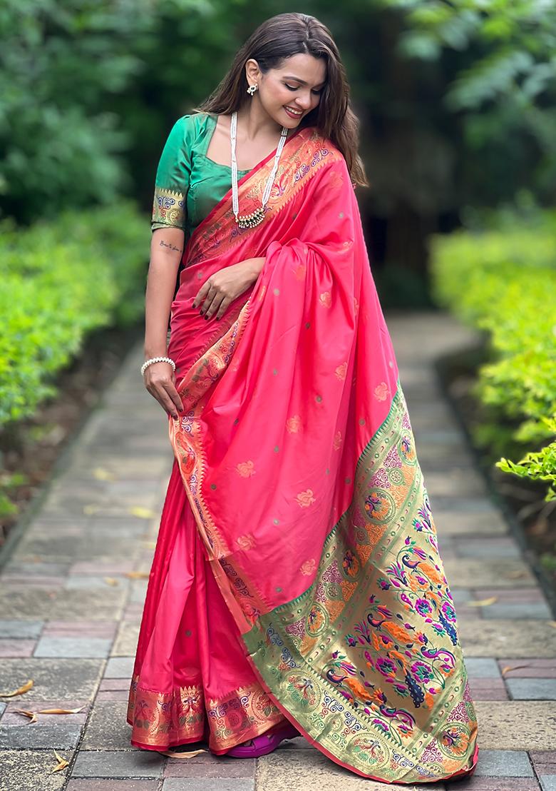 Rani Pink Zari Embroidered Paithani Silk Saree Set