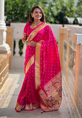 Hot Pink Zari Embroidered Paithani Silk Saree Set