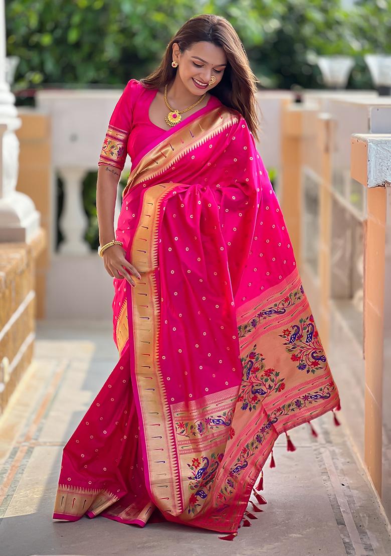 Hot Pink Zari Embroidered Paithani Silk Saree Set