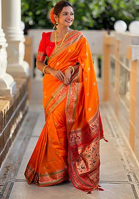 Orange Zari Embroidered Paithani Silk Saree Set