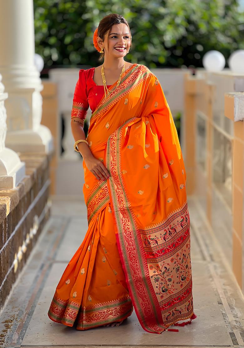 Orange Zari Embroidered Paithani Silk Saree Set