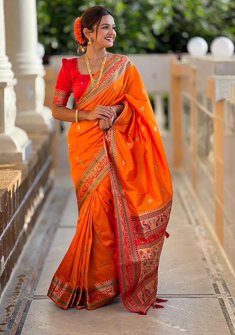 Orange Zari Embroidered Paithani Silk Saree Set