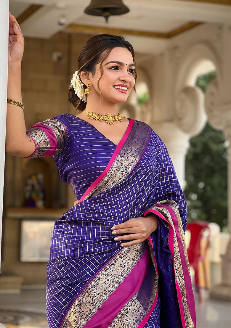 Indigo Zari Embroidered Silk Saree Set