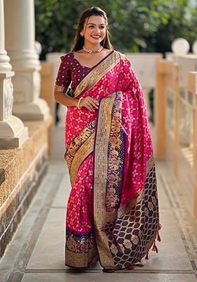 Hot Pink Zari Embroidered Silk Saree Set