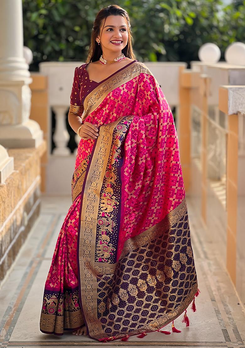 Hot Pink Zari Embroidered Silk Saree Set