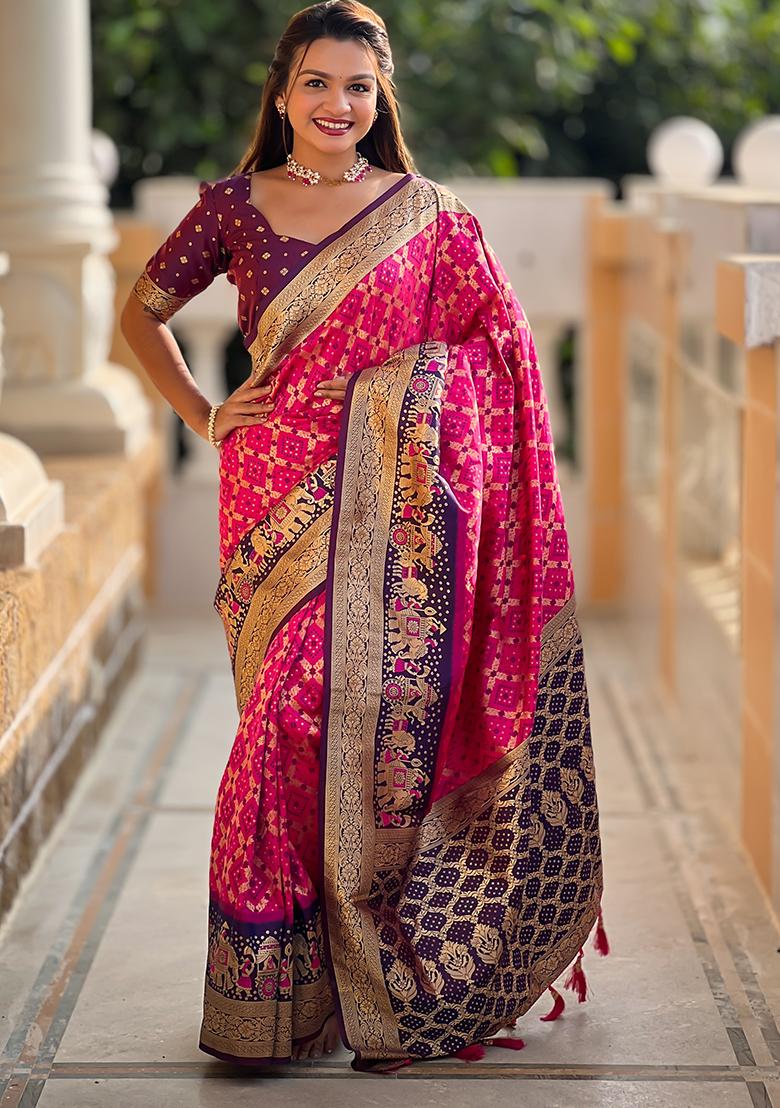 Hot Pink Zari Embroidered Silk Saree Set