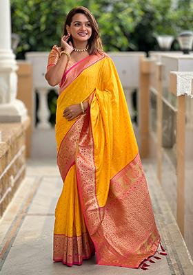 Yellow Zari Embroidered Silk Saree Set