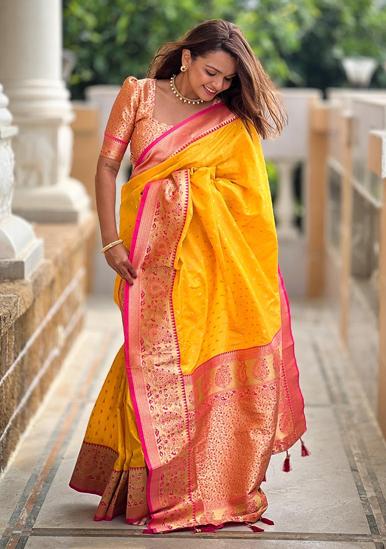 Yellow Zari Embroidered Silk Saree Set
