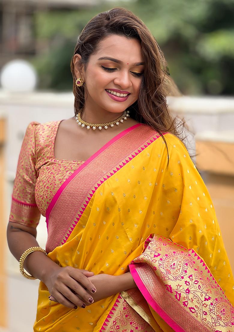 Yellow Zari Embroidered Silk Saree Set