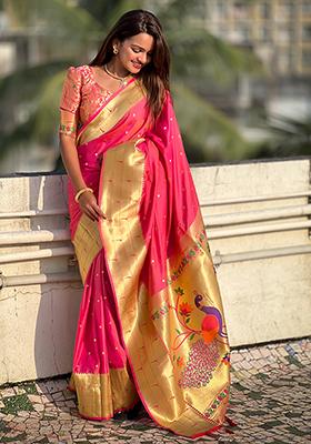 Gajri Pink Zari Embroidered Paithani Silk Saree Set