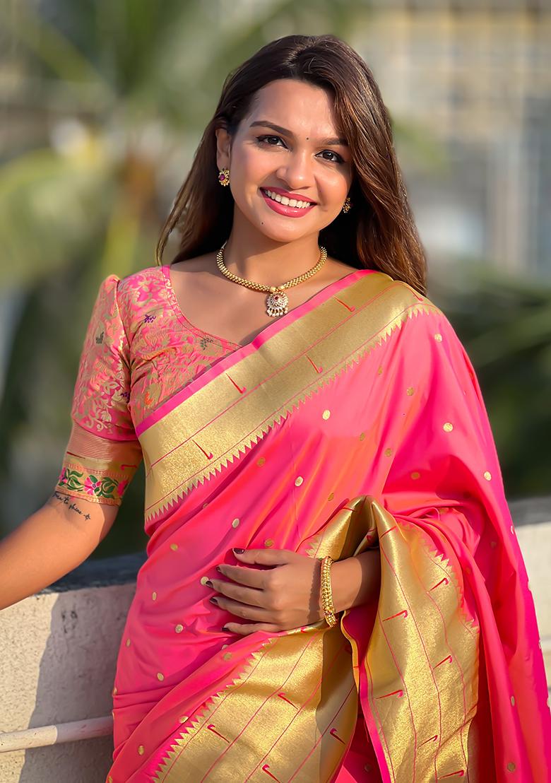 Gajri Pink Zari Embroidered Paithani Silk Saree Set
