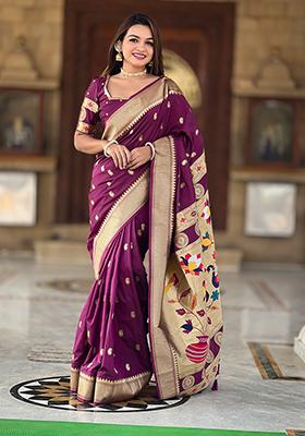 Magenta  Zari Embroidered Paithani Silk Saree Set