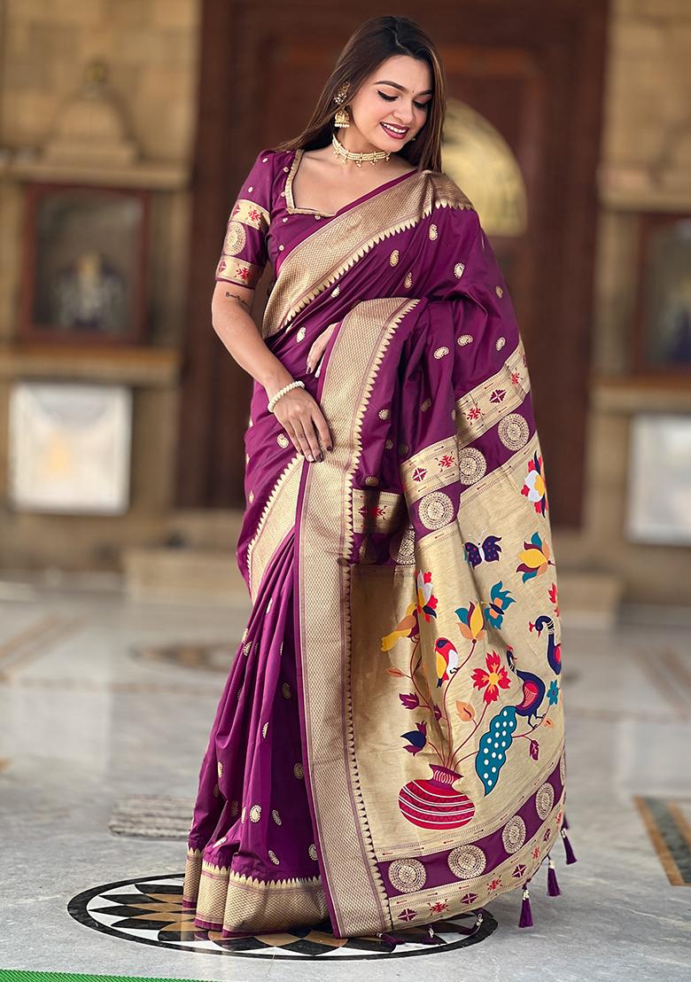 Magenta  Zari Embroidered Paithani Silk Saree Set