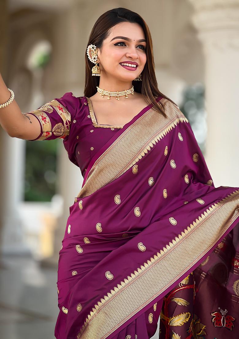 Magenta  Zari Embroidered Paithani Silk Saree Set