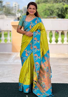 Pista Green Zari Embroidered Paithani Silk Saree Set