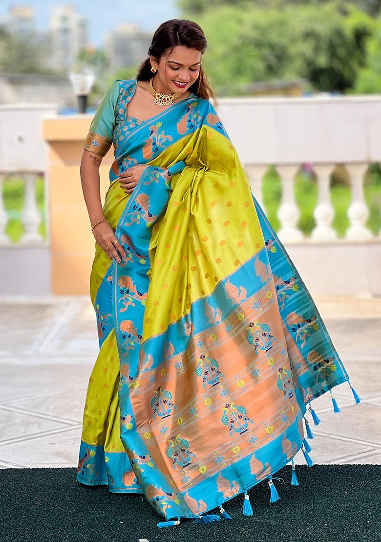 Pista Green Zari Embroidered Paithani Silk Saree Set