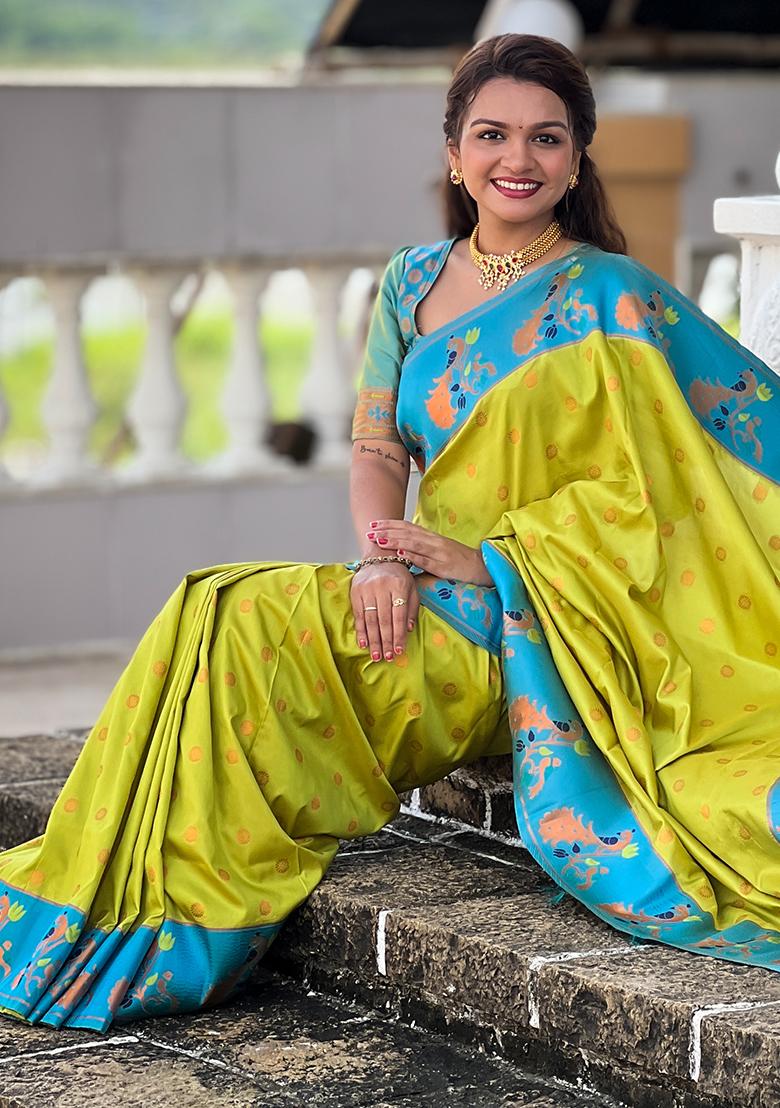 Pista Green Zari Embroidered Paithani Silk Saree Set