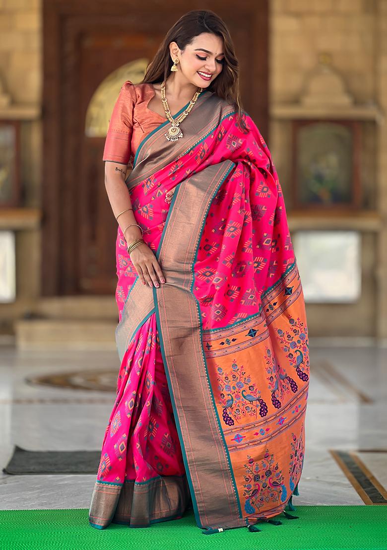 Rani Pink Meenakari Paithani Silk Saree Set