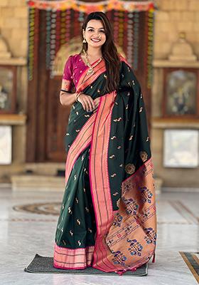 Bottle Green Zari Embroidered Paithani Silk Saree Set