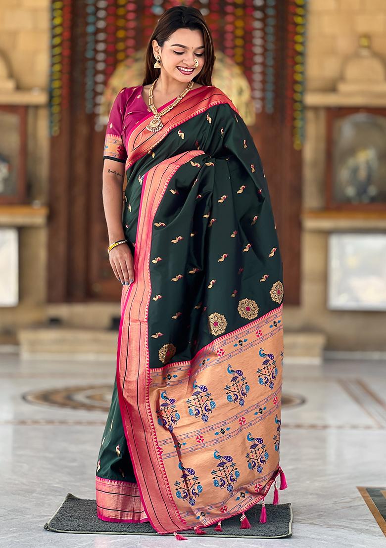 Bottle Green Zari Embroidered Paithani Silk Saree Set