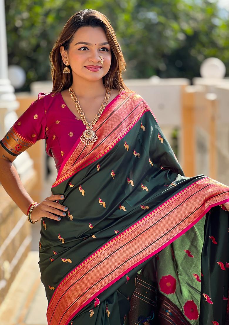 Bottle Green Zari Embroidered Paithani Silk Saree Set