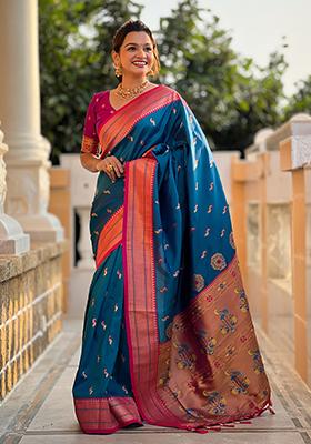Dark Blue Zari Embroidered Paithani Silk Saree Set