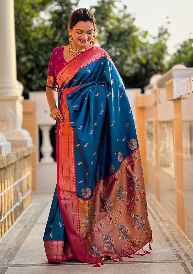 Dark Blue Zari Embroidered Paithani Silk Saree Set