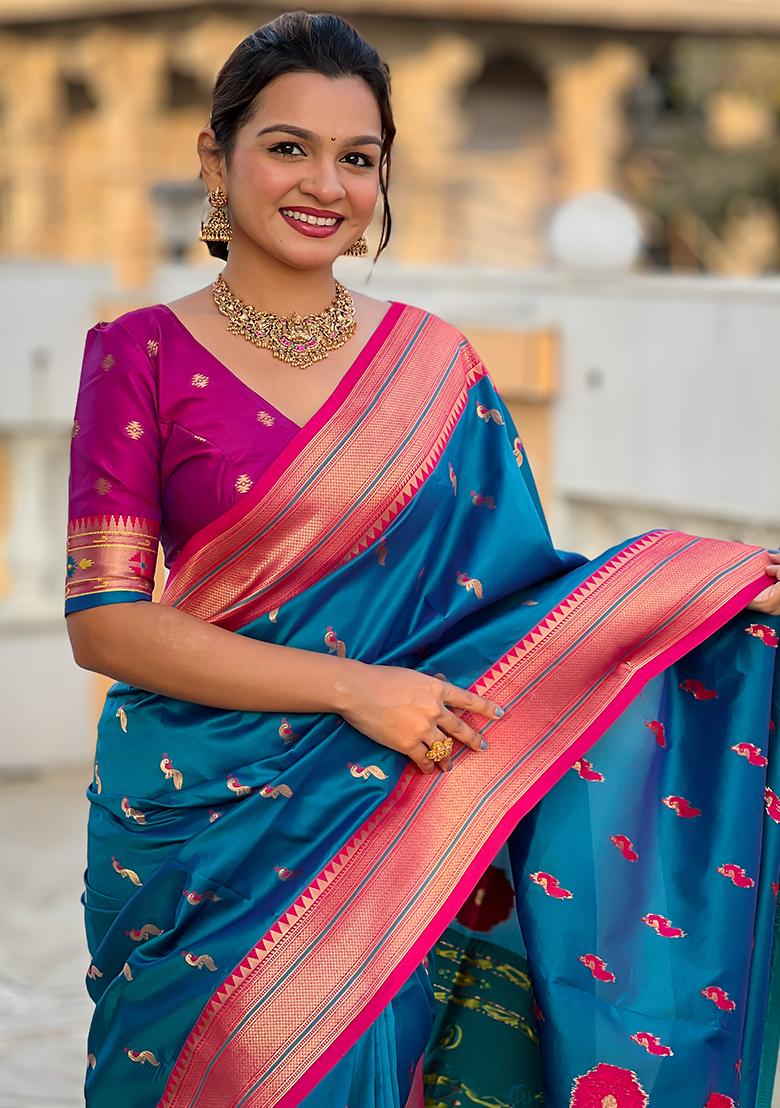 Dark Blue Zari Embroidered Paithani Silk Saree Set