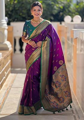 Deep Purple Zari Embroidered Paithani Silk Saree Set