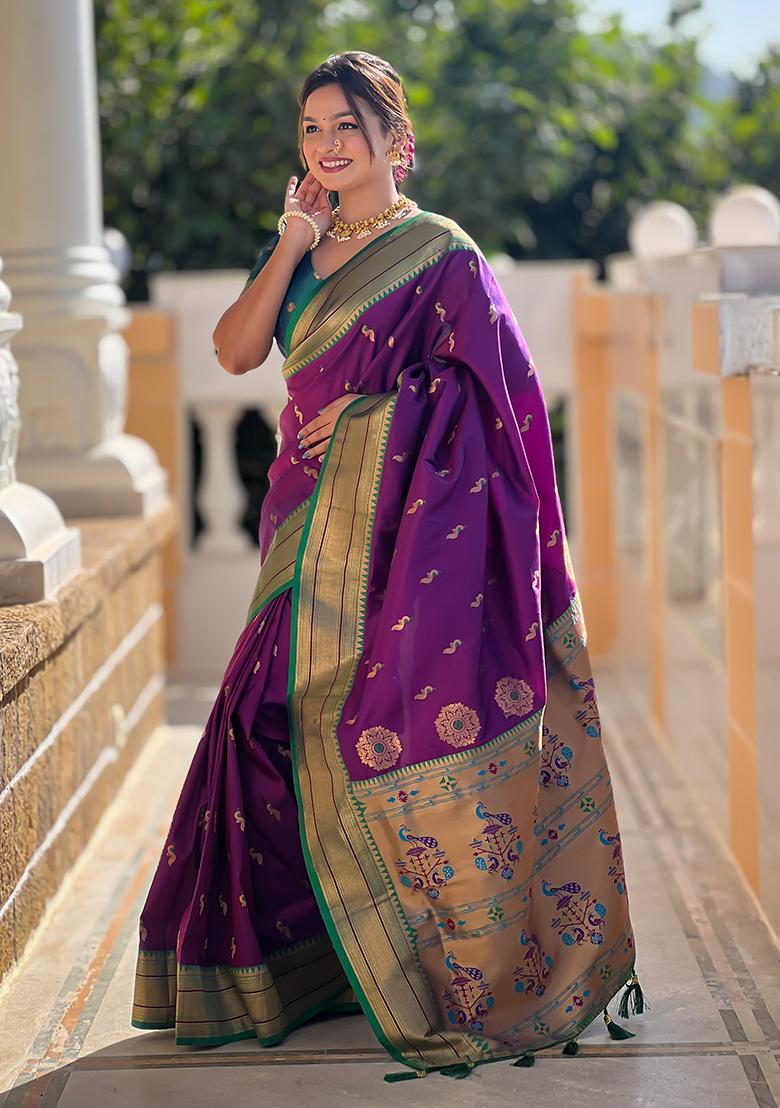 Deep Purple Zari Embroidered Paithani Silk Saree Set