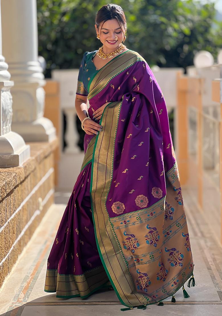 Deep Purple Zari Embroidered Paithani Silk Saree Set