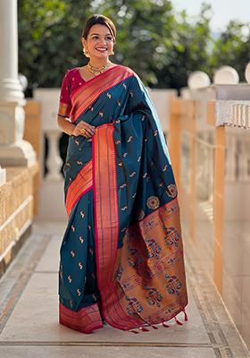 Morpich Zari Embroidered Paithani Silk Saree Set