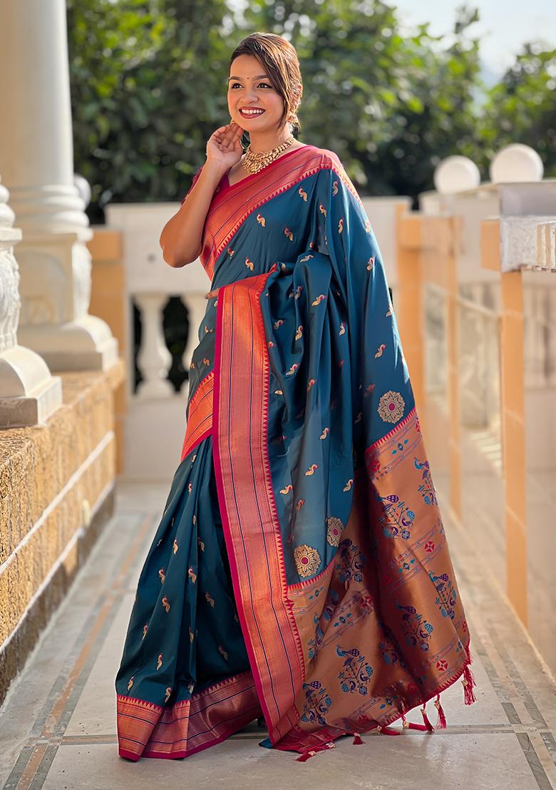 Morpich Zari Embroidered Paithani Silk Saree Set
