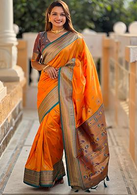 Orange Zari Embroidered Paithani Silk Saree Set