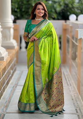 Parrot Green Zari Embroidered Paithani Silk Saree Set