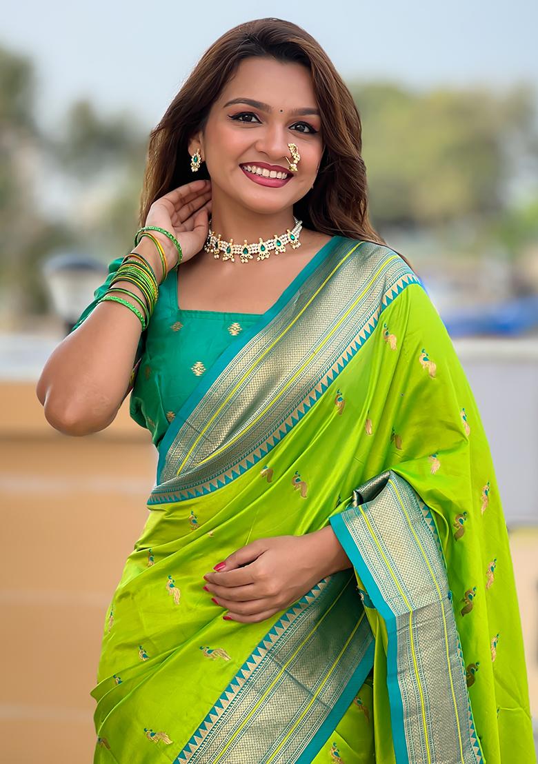 Parrot Green Zari Embroidered Paithani Silk Saree Set