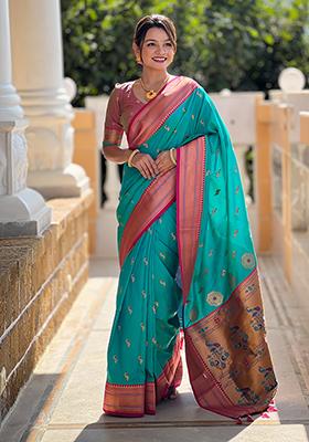 Rama Zari Embroidered Paithani Silk Saree Set