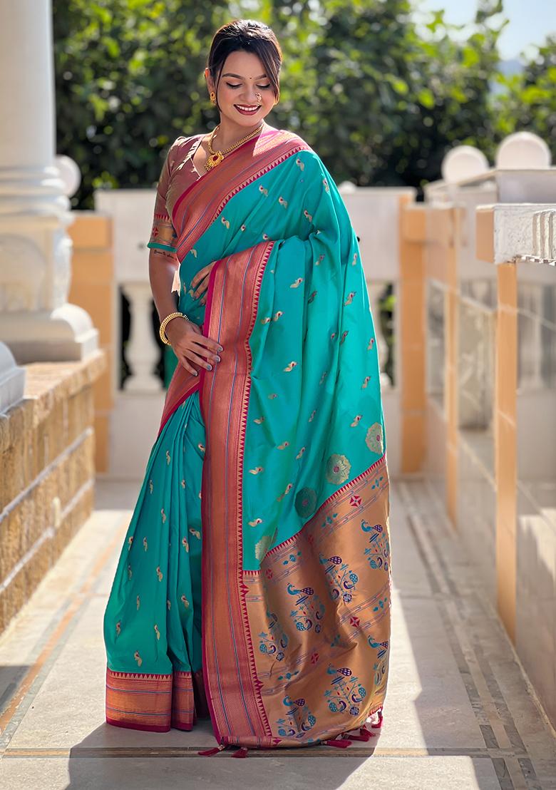 Rama Zari Embroidered Paithani Silk Saree Set