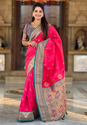 Rani Pink Zari Embroidered Paithani Silk Saree Set