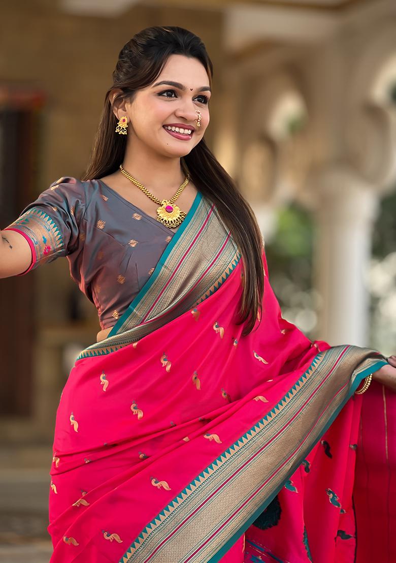 Rani Pink Zari Embroidered Paithani Silk Saree Set