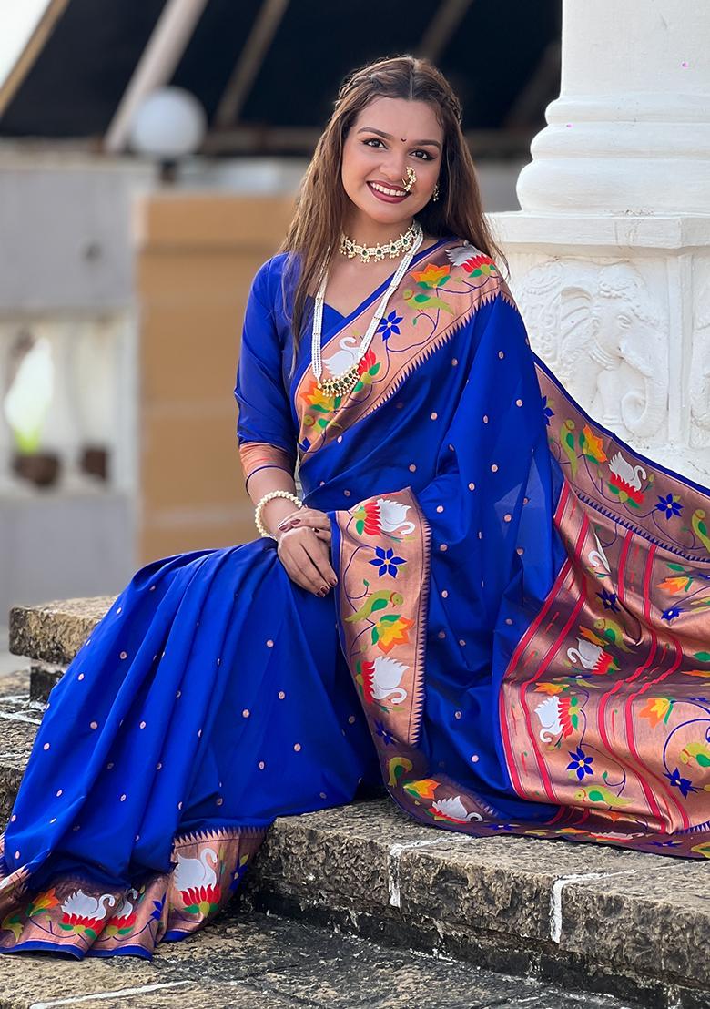 Royal Blue Zari Embroidered Paithani Silk Saree Set
