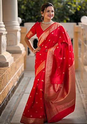 Red Zari Embroidered Banarasi Silk  Saree Set