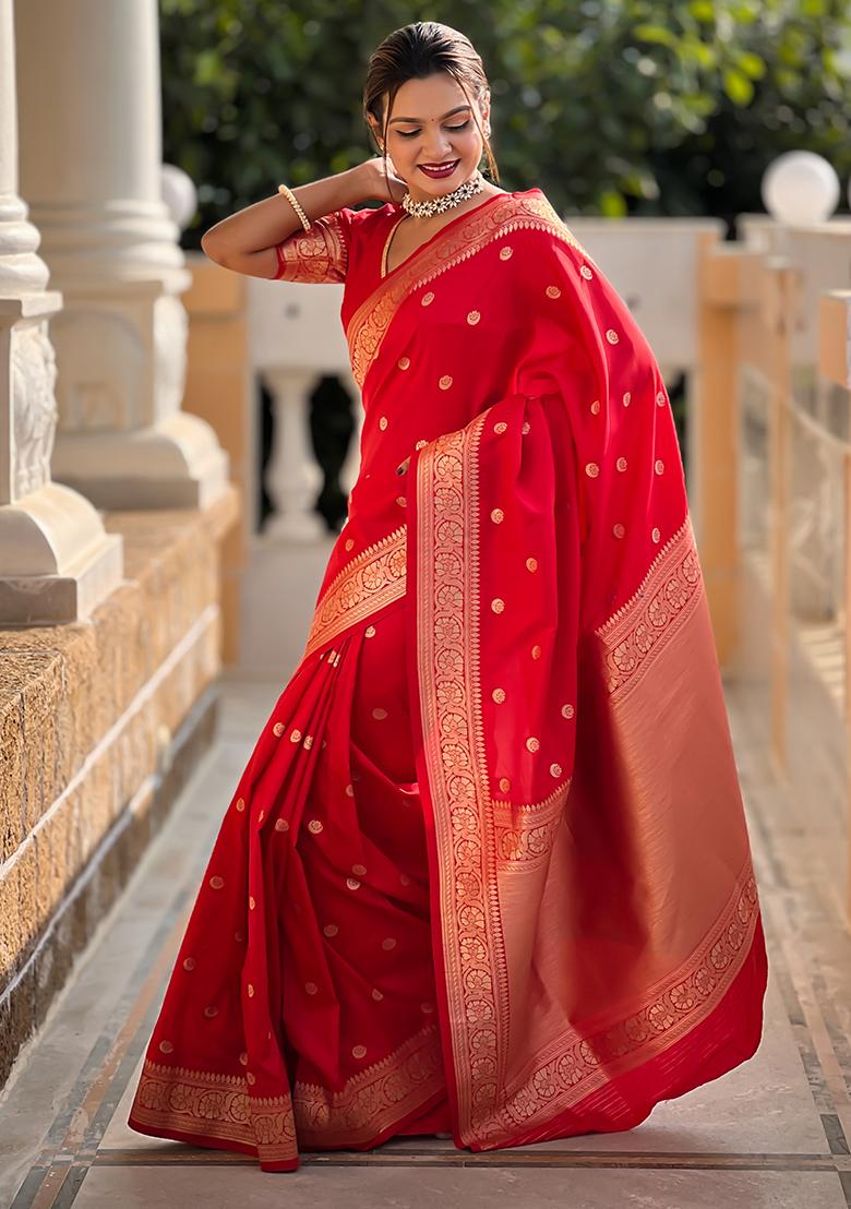 Red Zari Embroidered Banarasi Silk  Saree Set