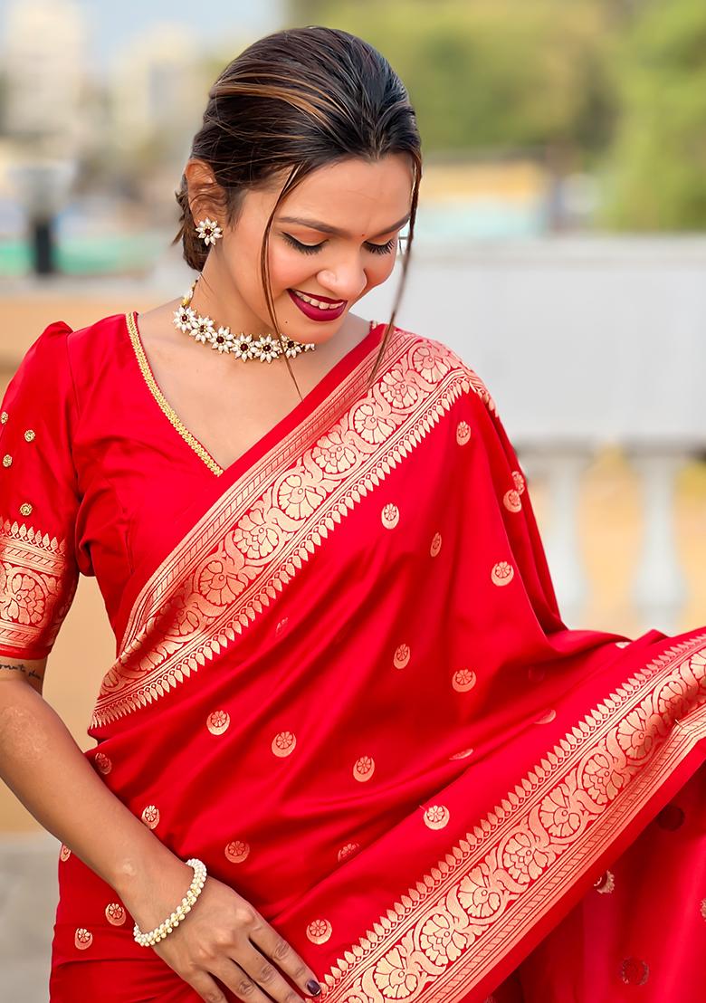 Red Zari Embroidered Banarasi Silk  Saree Set