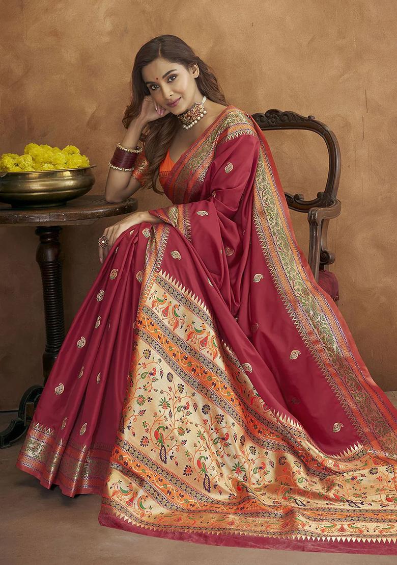 Maroon Woven Paithani Silk Saree Set
