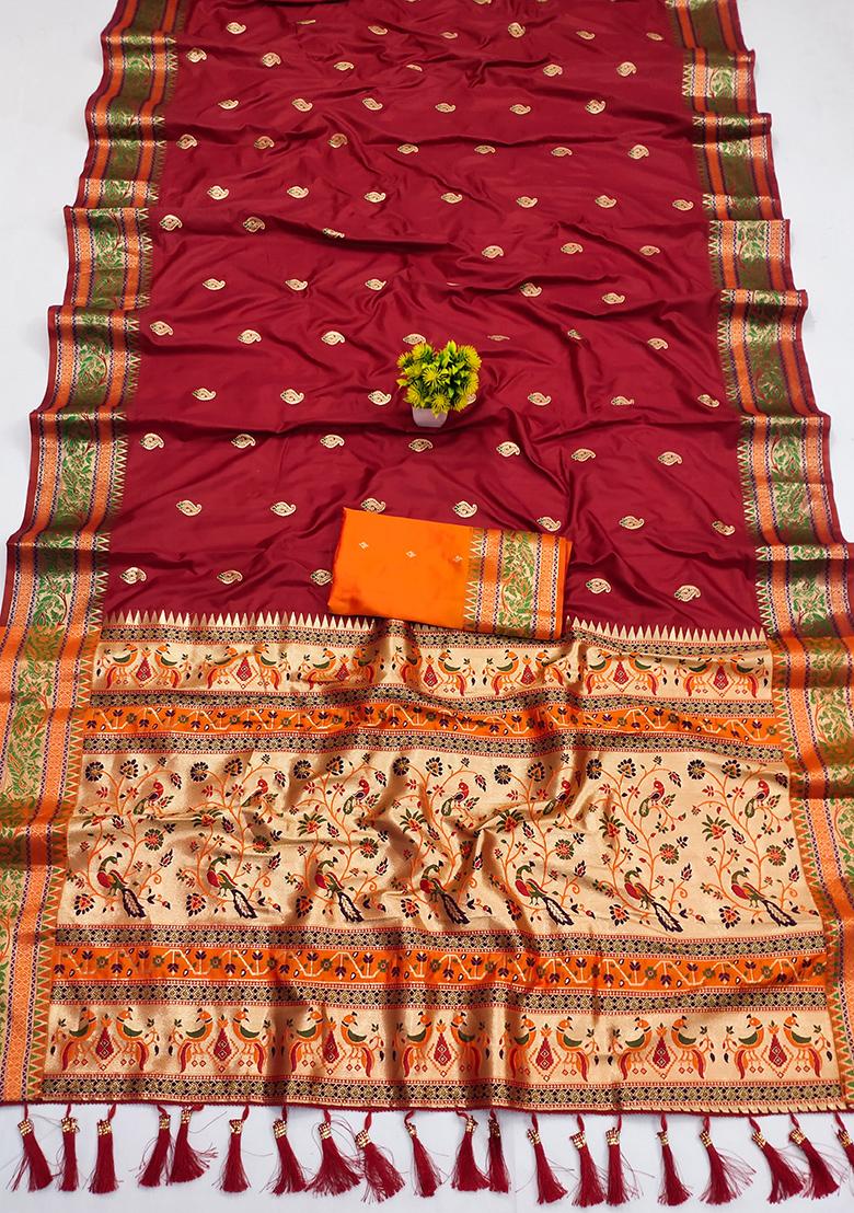 Maroon Woven Paithani Silk Saree Set