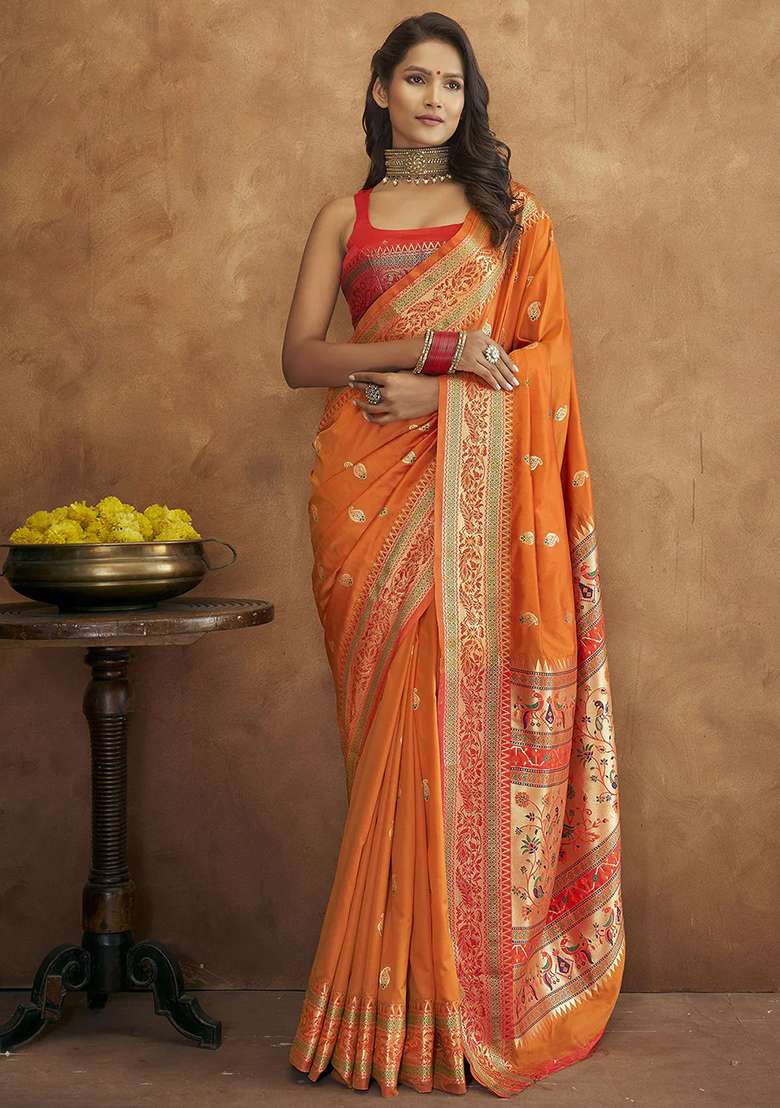 Orange Woven Paithani Silk Blend Saree Set for Diwali and Festive Wear - Indya