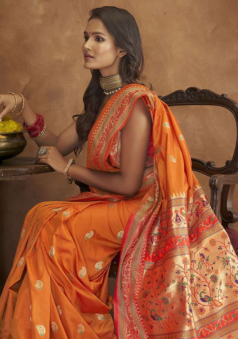 Orange Woven Paithani Silk Blend Saree Set for Diwali and Festive Wear - Indya